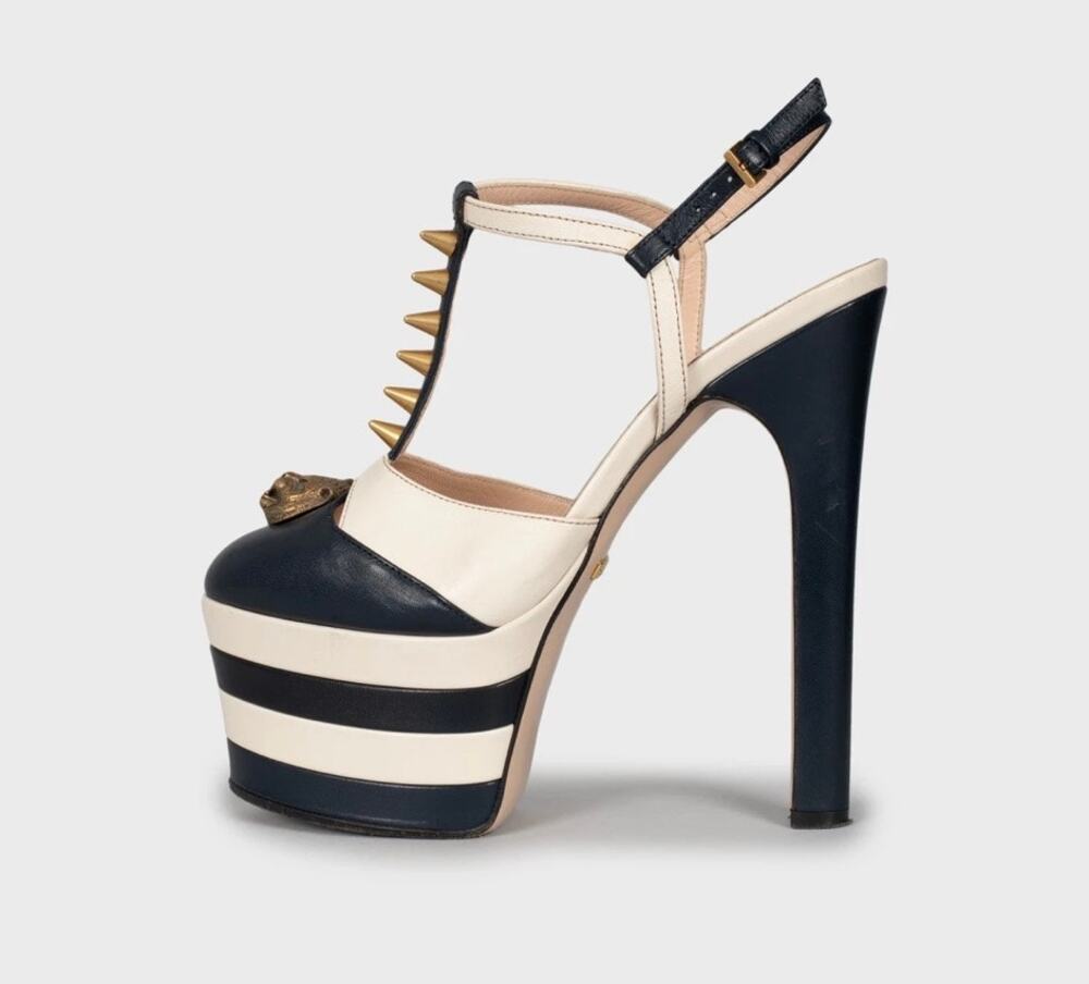 Gucci Blue Leather Block Heels with Gold Studs, Size 36